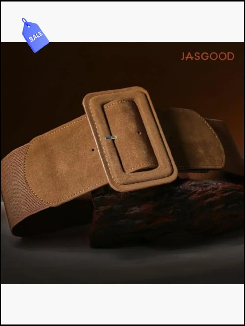 Wide Suede Elastic Belt with Chunky Square Buckle - Adjustable Stretch Belt for